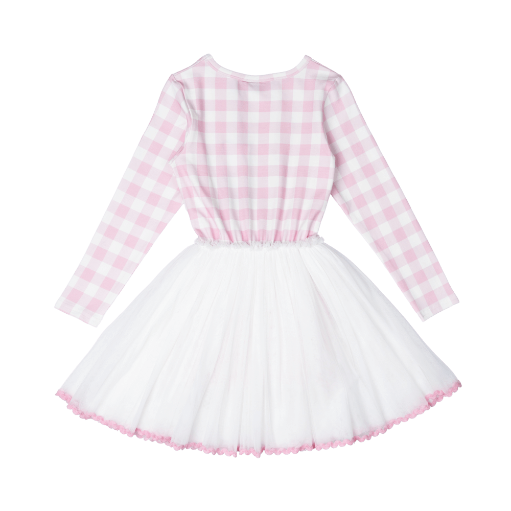 Rock your baby bunny bouquet LS circus dress in pink/cream check