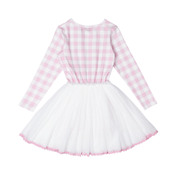 Rock your baby bunny bouquet LS circus dress in pink/cream check