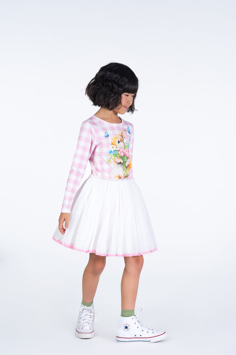 Rock your baby bunny bouquet LS circus dress in pink/cream check