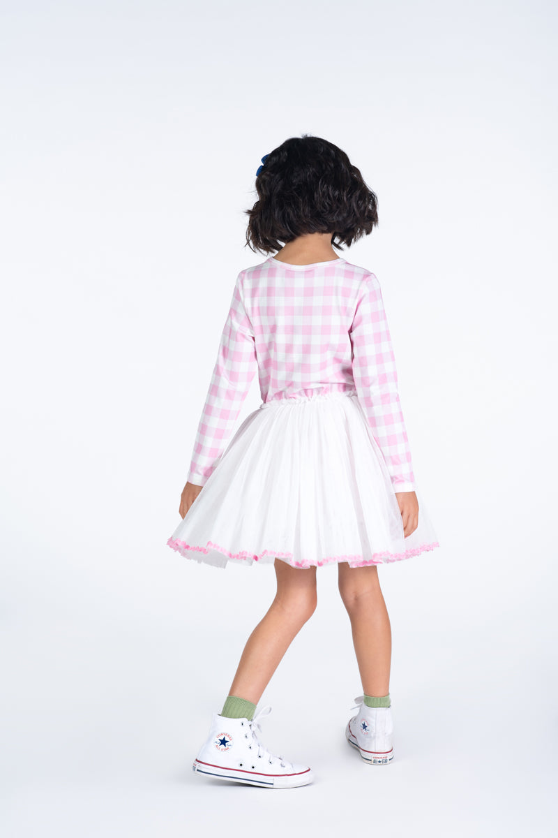 Rock your baby bunny bouquet LS circus dress in pink/cream check