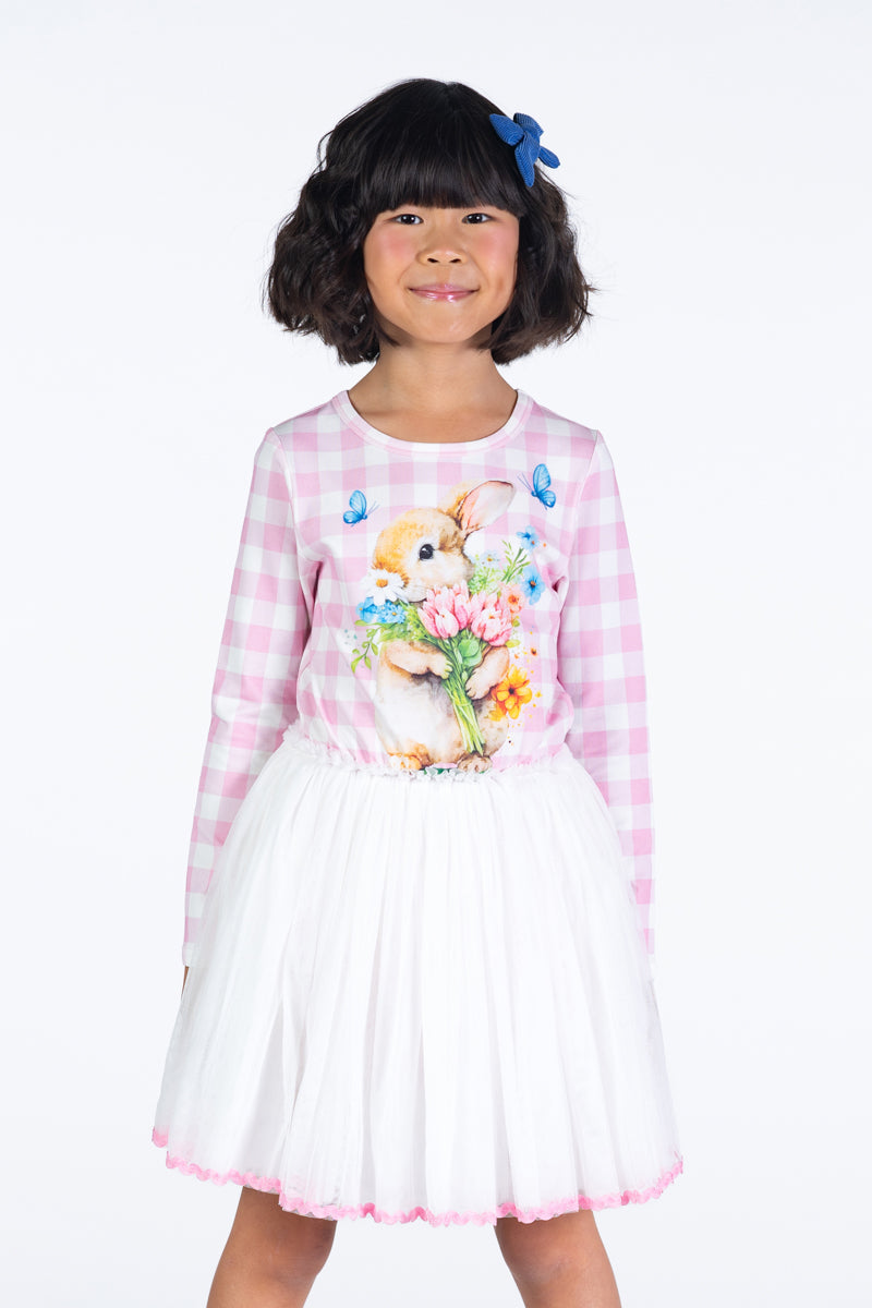 Rock your baby bunny bouquet LS circus dress in pink/cream check