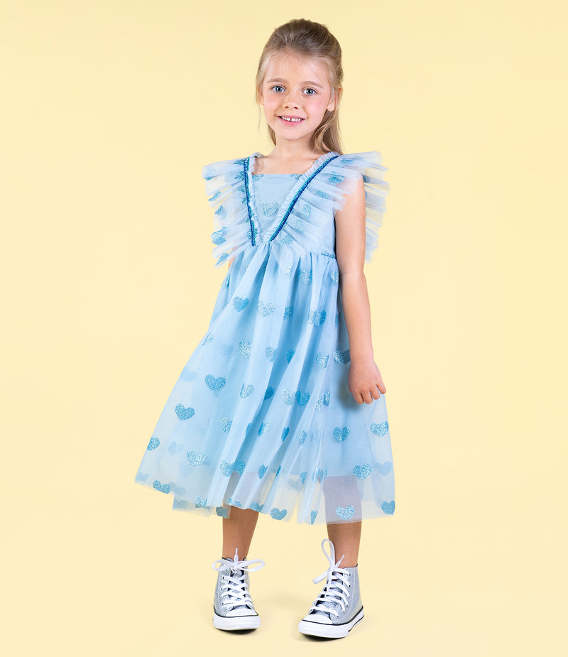 Rock Your Baby Blue Glitter Heart Tulle Dress in Blue