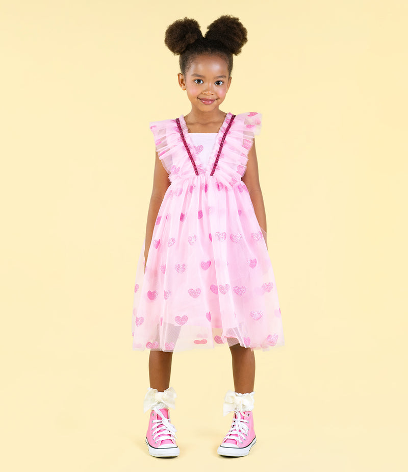 Rock Your Baby Pink Glitter Heart Tulle Dress in Pink