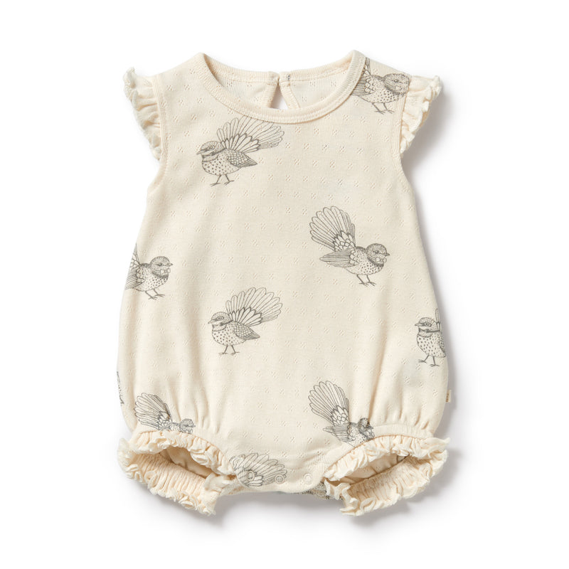 Wilson & Frenchy Little Fantail Organic Cotton Pointelle Ruffle Growsuit in white