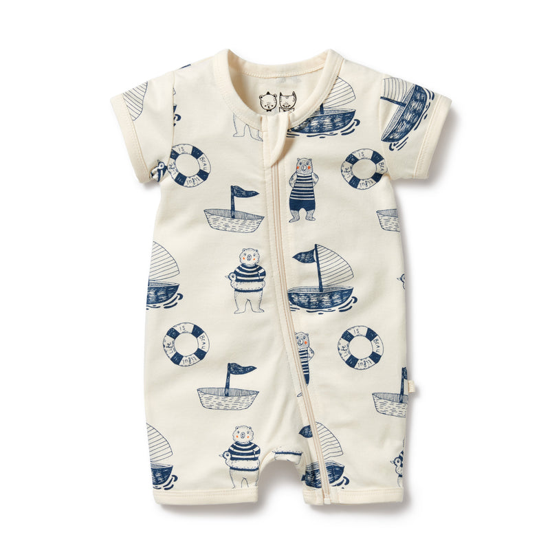 Wilson & Frenchy Nautical Bear Organic Cotton Boyleg Zipsuit in white