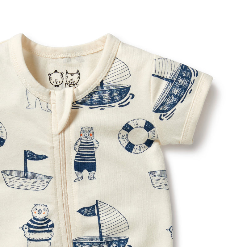 Wilson & Frenchy Nautical Bear Organic Cotton Boyleg Zipsuit in white