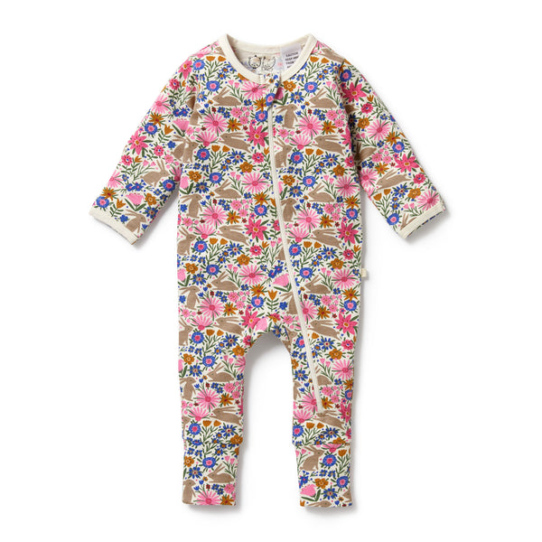 Wilson & Frenchy Organic Zipsuit with Feet - Bunny Hop print in Multi