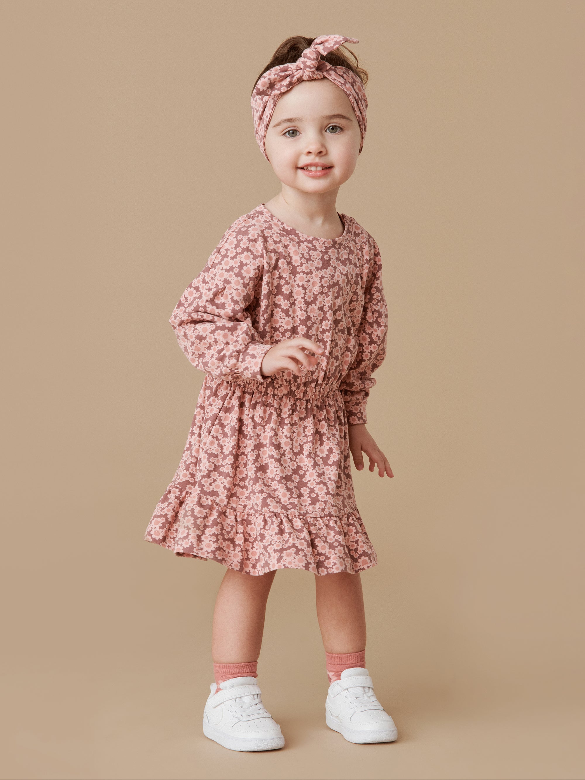 Huxbaby flower bear drop shoulder tuck dress dusty plum in purple