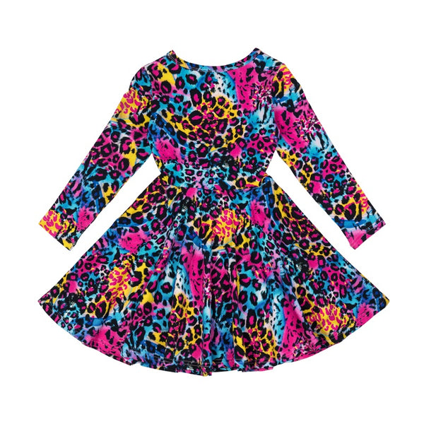 Rock your baby Miami leopard LS waisted dress in multi colour