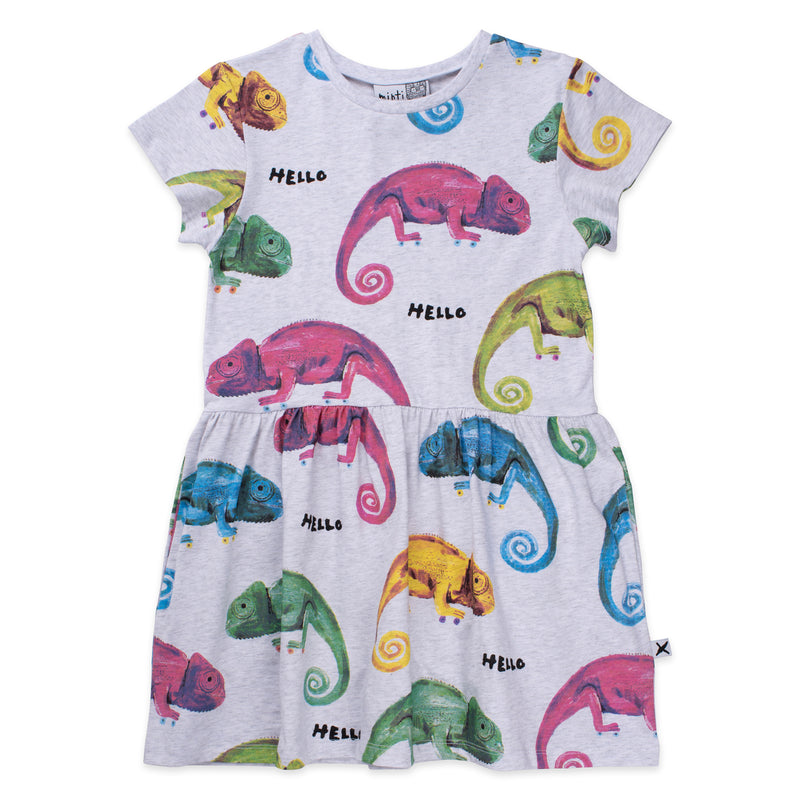 Minti colourful chameleons dress in white marle