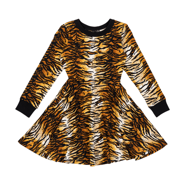 Rock your baby tiger skin LS waisted dress in brown