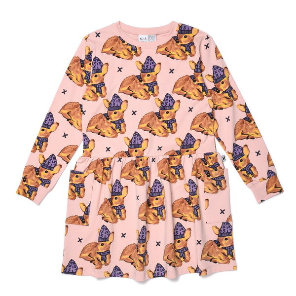 Minti Cosy Deers Dress in muted pink