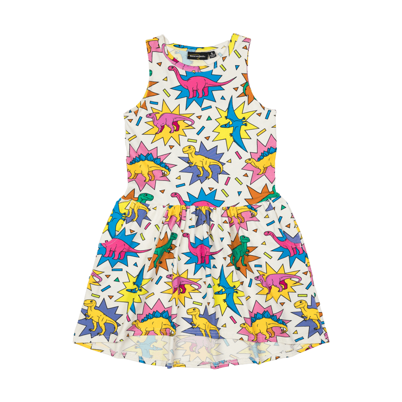 Rock Your Baby dino-mite sleeveless drop waist dress in multicolour