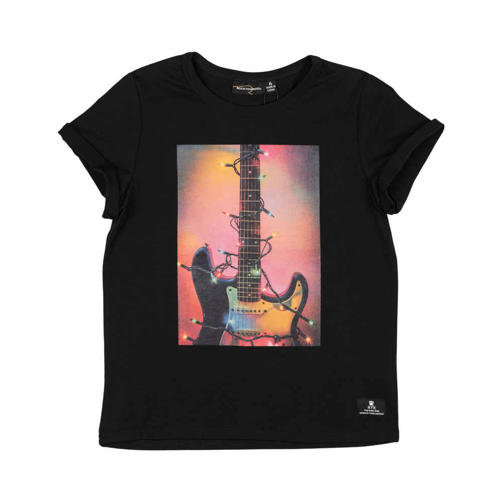 Rock your baby Christmas guitar lights t-shirt in black