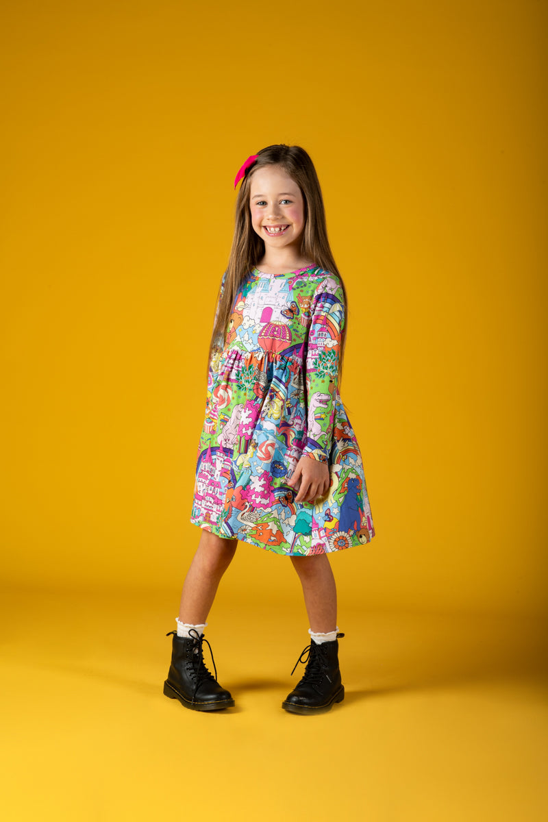 Rock Your Baby My Wonderland Long Sleeve Waisted Dress in Multi