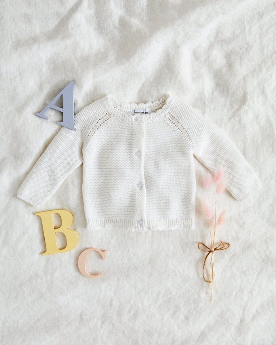 Beanstork Scallop  knit Cardigan in antique white