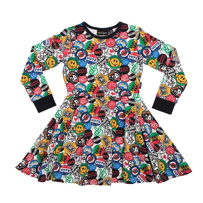 retro-badges-waisted-dress-in-multi colour print