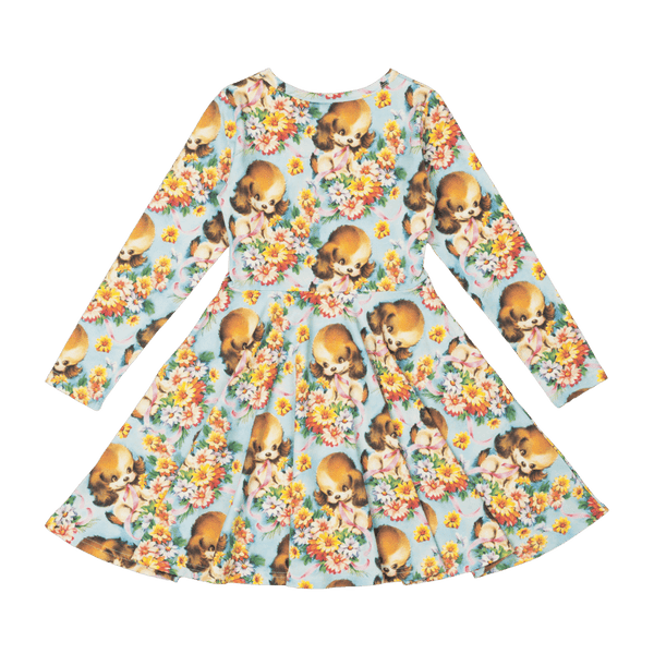 Rock Your Baby Puppy Love Long Sleeve Waisted Dress in Multi