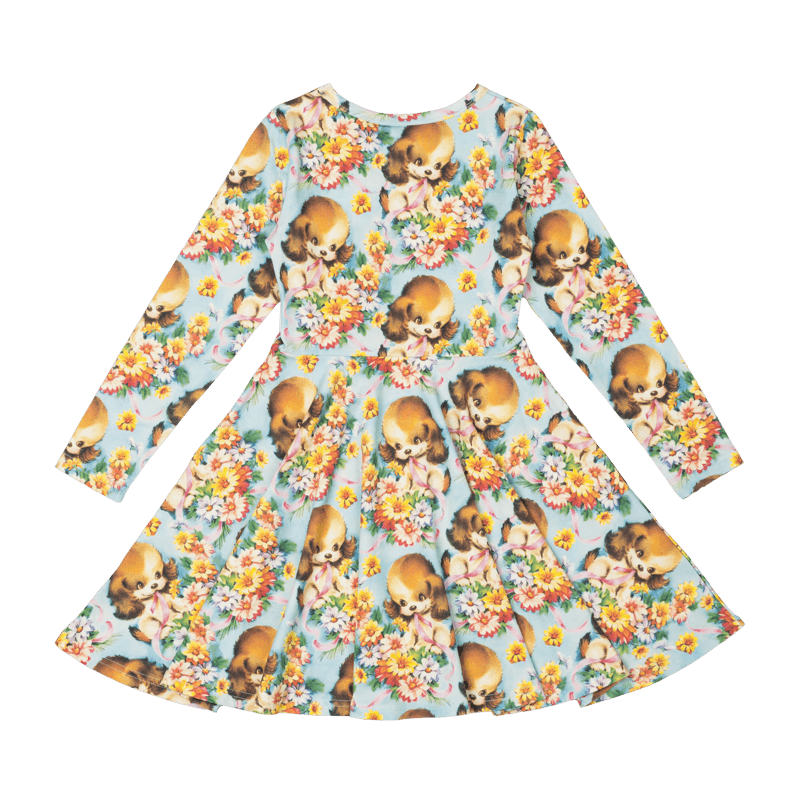 Rock Your Baby Puppy Love Long Sleeve Waisted Dress in Multi