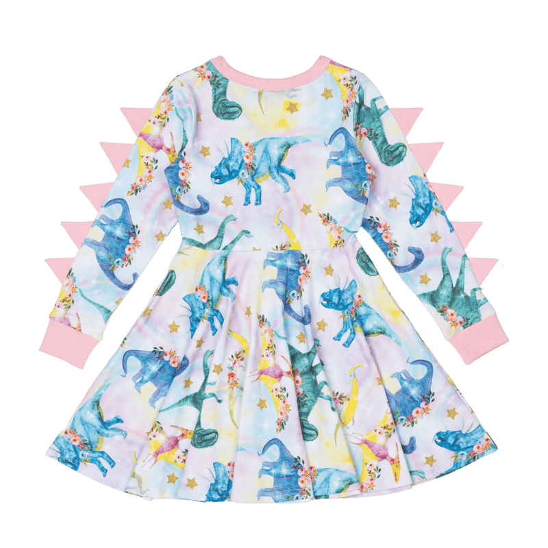Rock Your Baby Dinosaur Parade Long Sleeve Waisted Dress in Multi