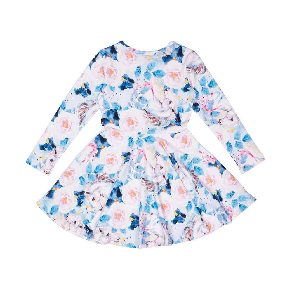 Rock your baby floral unicorn LS waisted dress in blue