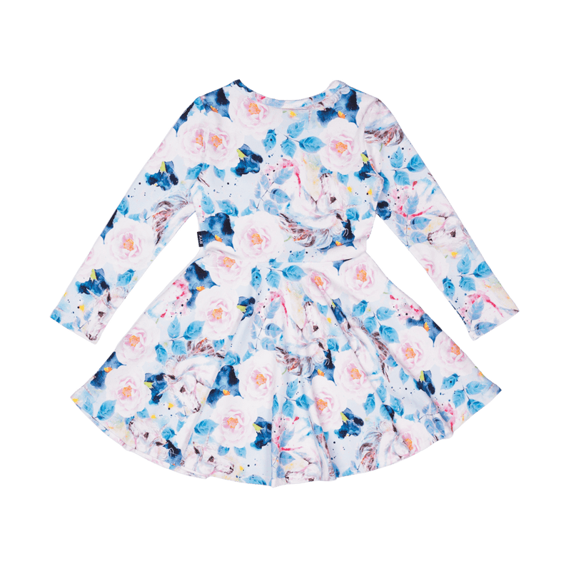 Rock your baby floral unicorn LS waisted dress in blue