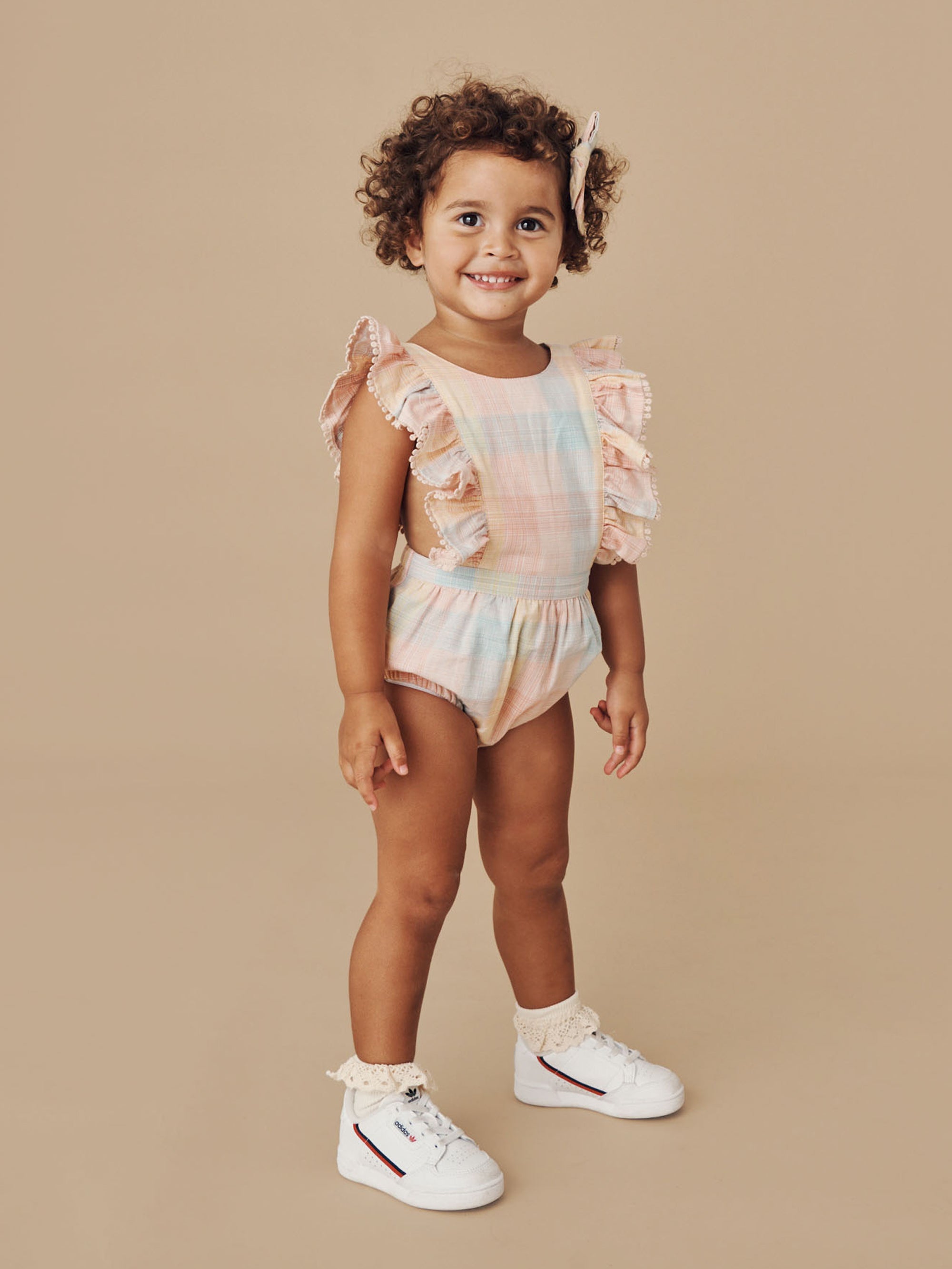 Huxbaby Rainbow Ruffle Playsuit Rainbow Check in Multi Colour