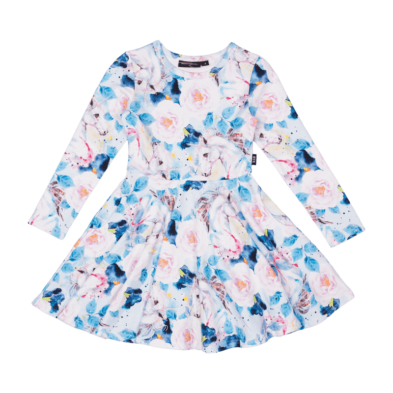 Rock your baby floral unicorn LS waisted dress in blue