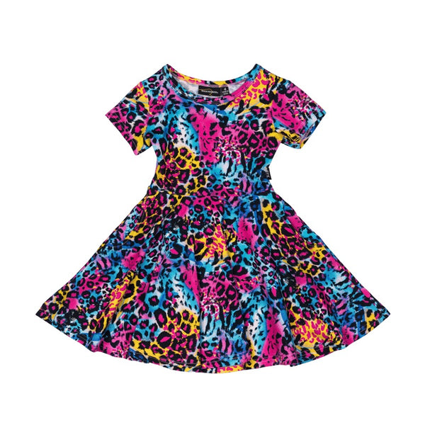 Rock your baby Blue Miami leopard ss waisted dress in multi colour