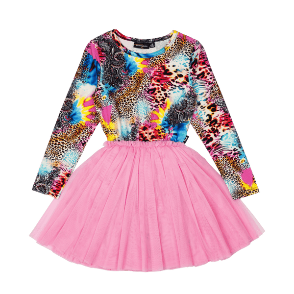 Rock Your Baby Abstract Leopard Long Sleeve Circus Dress in Multi