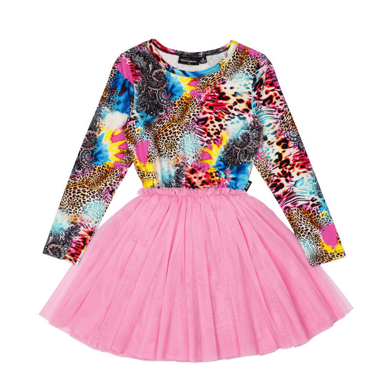 Rock Your Baby Abstract Leopard Long Sleeve Circus Dress in Multi