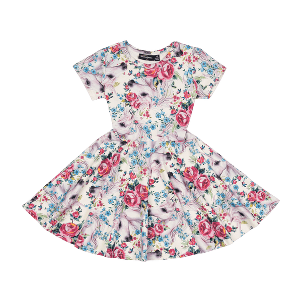 Rock Your Baby Unicorn Lullaby ss waisted dress in multi colour