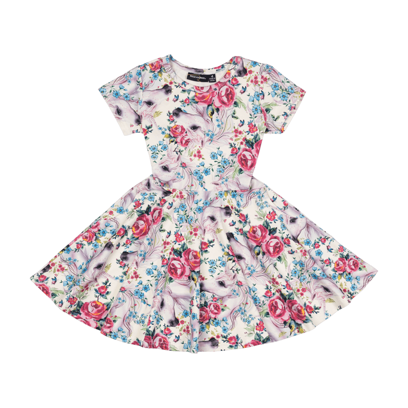 Rock Your Baby Unicorn Lullaby ss waisted dress in multi colour