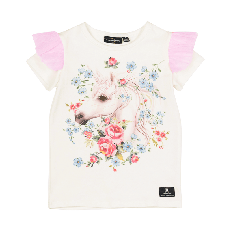 Rock your baby unicorn lullaby ss t-shirt with shoulder frills in cream
