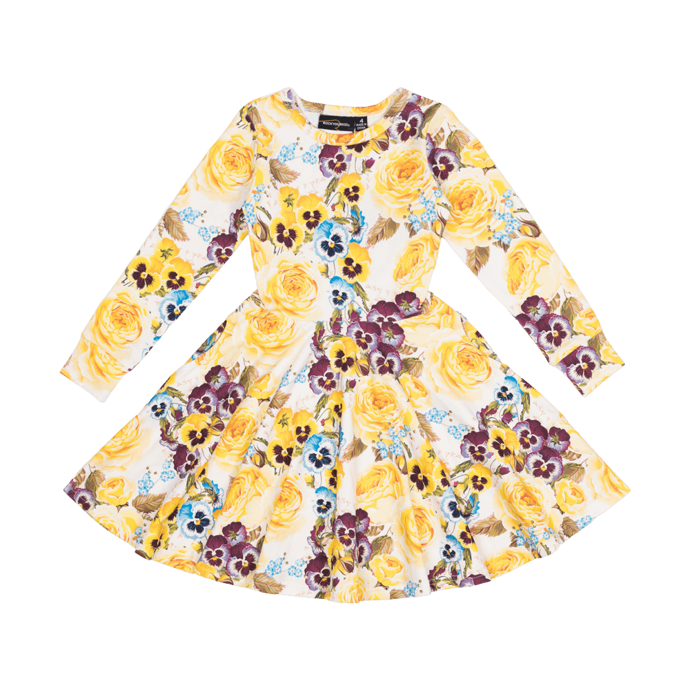 Rock your baby yellow pansy LS waisted dress in yellow