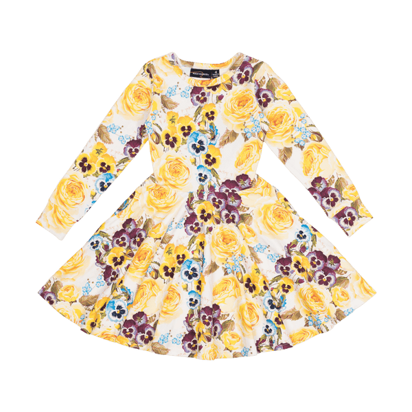 Rock your baby yellow pansy LS waisted dress in yellow