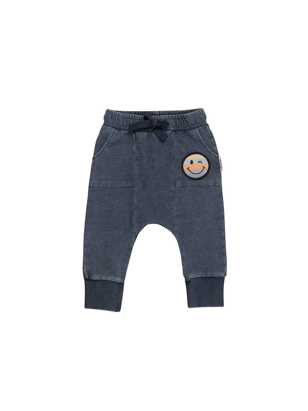 Huxbaby smiley pocket drop crotch pant in blue denim