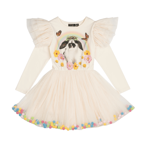 Rock Your Baby Easter Bunny Pom Pom Long Sleeve Circus Dress in Cream