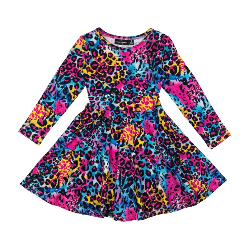 Rock your baby Miami leopard LS waisted dress in multi colour