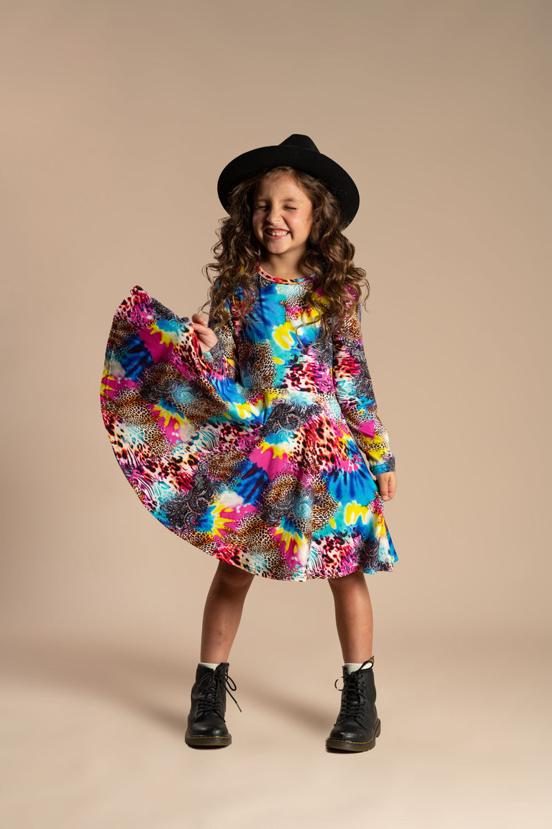 Rock Your Baby Abstract Leopard Long Sleeve Waisted Dress in Multi