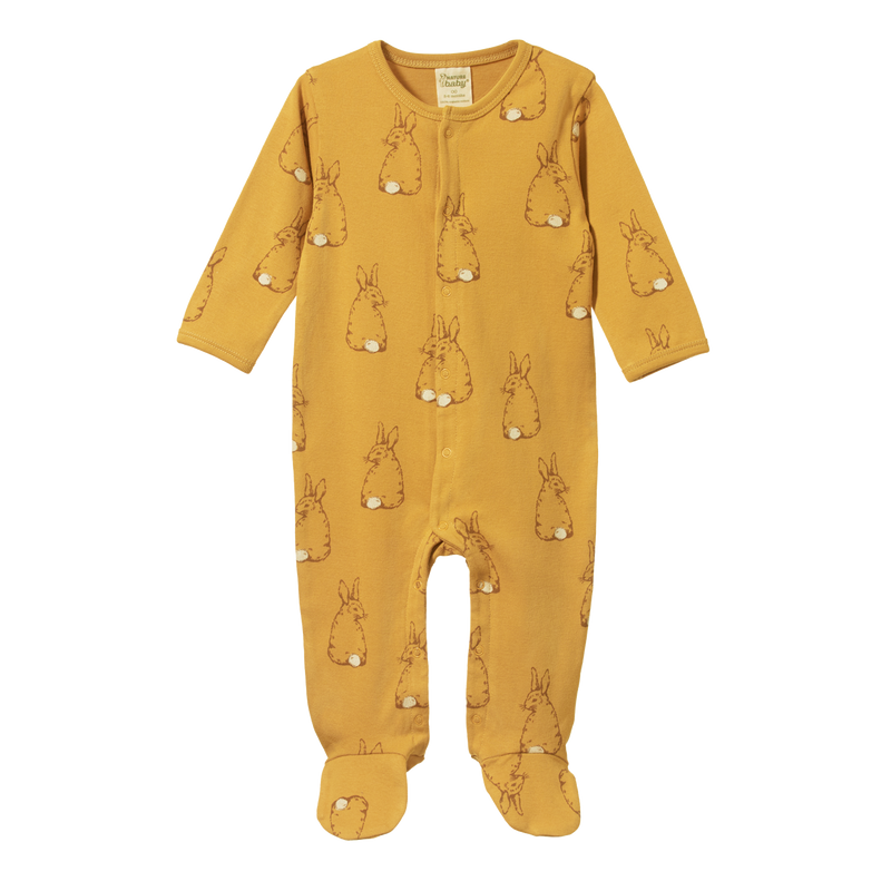 Nature Baby Cotton Stretch and grow onesie bunny tales saffron print