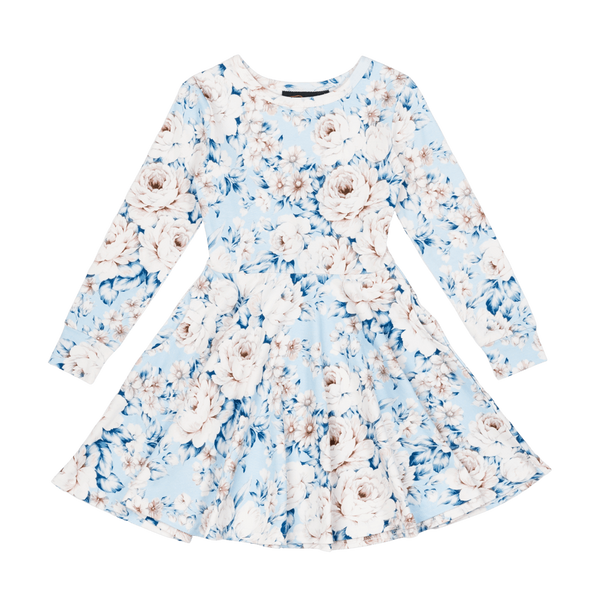 Rock your baby blue vintage floral LS waisted dress in blue