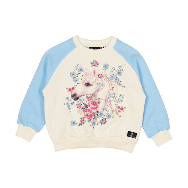 Rock Your Baby Unicorn Lullaby Sweatshirt in blue/cream