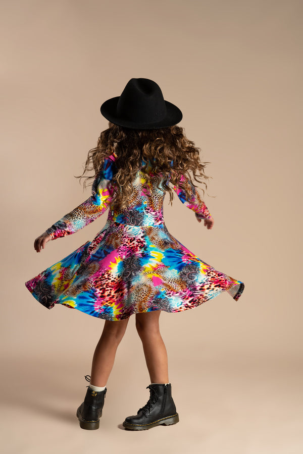 Rock Your Baby Abstract Leopard Long Sleeve Waisted Dress in Multi