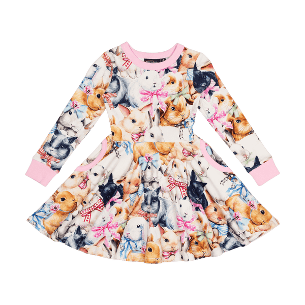 Rock your baby bunny bows LS waisted dress in multicolour