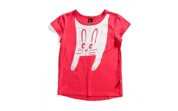Minti bunny coral short sleeve t-shirt in orange cotton laying on a flat background