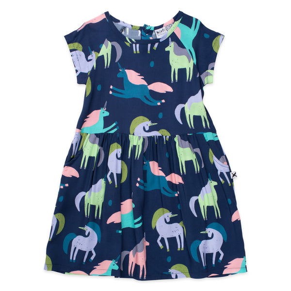 Minti dancing unicorns woven dress in blue