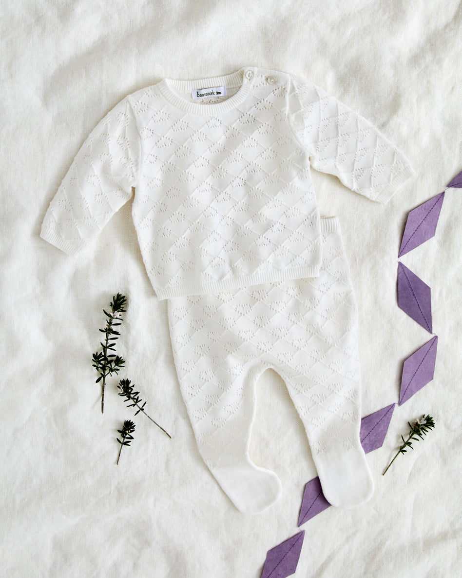 Beanstork classic pointelle 2pc set in white