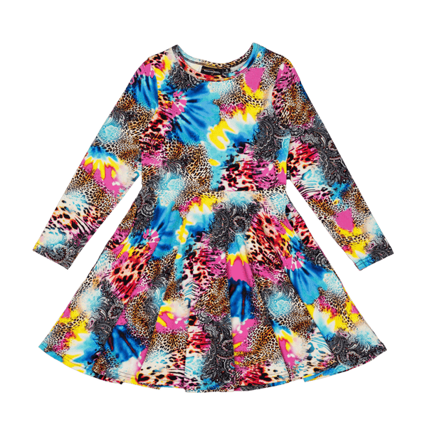 Rock Your Baby Abstract Leopard Long Sleeve Waisted Dress in Multi