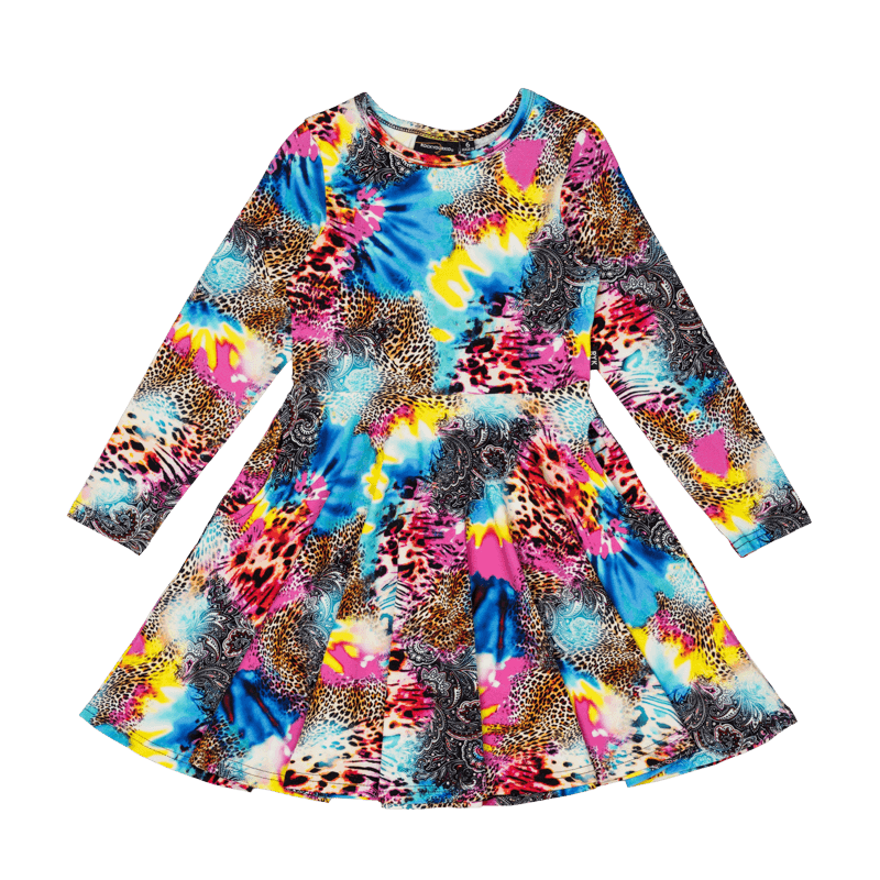 Rock Your Baby Abstract Leopard Long Sleeve Waisted Dress in Multi